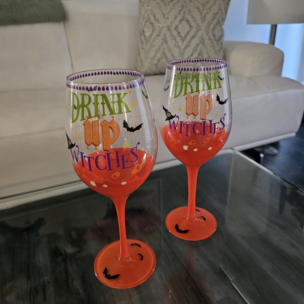 Rare Vintage Pier 1 "Drink Up Witches" Set of 2 Wine Glasses - Picture 6 of 6